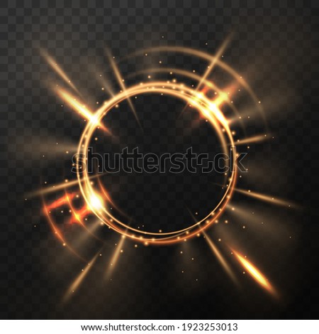 Bright golden flash. Explosion or blast wave. Rotating rings with shine rays. Solar light effect