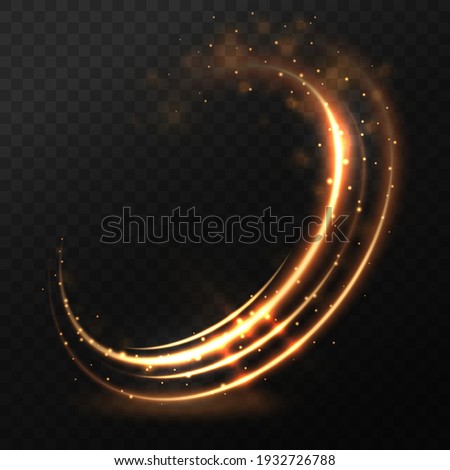 Dynamic golden lines with glow effect. Rotating shining rings. Abstract glittering swirl, wave