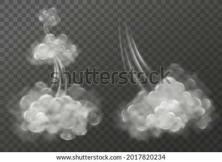 Foggy trail from a space rocket or aircraft. Dynamic effect of takeoff, speed and explosion. Isolated clouds of smoke in comic style