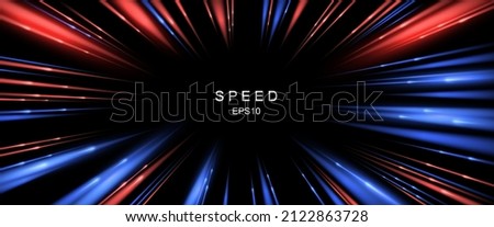 Effects of acceleration, speed, motion and depth. Fantastic background of radial lines, red and blue rays. Teleport. Bright neon light