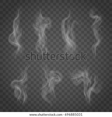 Set of isolated smoke on a transparent background. White steam from a cup of coffee or tea.