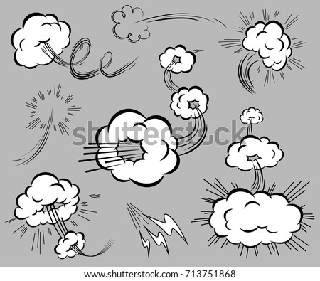 Set of speed elements in the style of comics. Isolated blasting clouds with moving trails. Vector illustration.