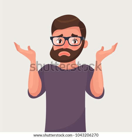 The man shrugs and spreads his hands. Vector illustration in cartoon style. Sorry or I do not know concept Foto stock © 