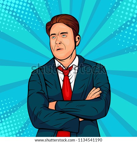 Gloomy caucasian male frowns face, looking upwards, pouting lips, being tired. Man expresses annoyance and dissatisfaction. Pop art retro comic style vector illustration. Internet meme