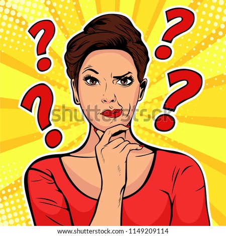 Woman skeptical facial expressions face with question marks upon hear head. Pop art retro vector illustration in comic style