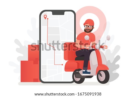Scooter with delivery man flat vector cartoon character. Fast courier. Restaurant food service, mail delivery service, a postal employee the determination of geolocation using electronic device