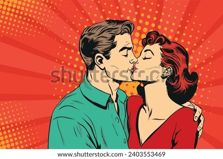 Man and woman are kissing. Couple love vector illustration in pop art retro comic style.