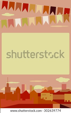 Flat Design City Vector Illustration. Sunset. Architecture, skyline, flat design. city on the river.bright night the background with colonial houses, lights and colored flags. Festival