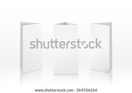 Blank Table Tent isolated on white background. Paper vertical triangle cards on white background with reflections. Front. left and right view. Vector illustration.