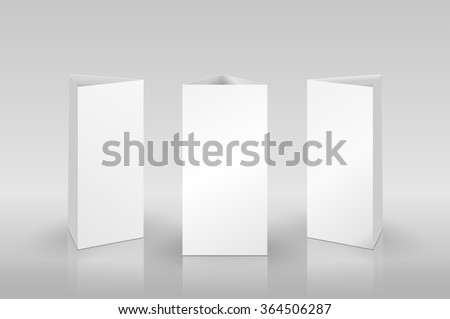 Blank Table Tent isolated on grey background. Paper vertical triangle cards on white background with reflections. Front. left and right view. Vector illustration.