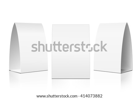 Blank Table Tent isolated on white background. Paper vertical cards on white background with reflections. Front, left and right view. Vector illustration.