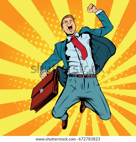 Businessman the winner pop art retro vector illustration. Successful businessman jumping for joy. Joyful man with briefcase of money and documents. 