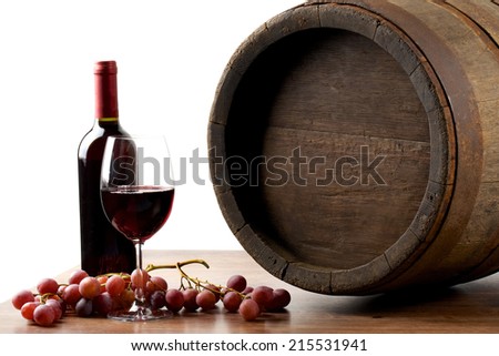 Wine with barrel on wooden table