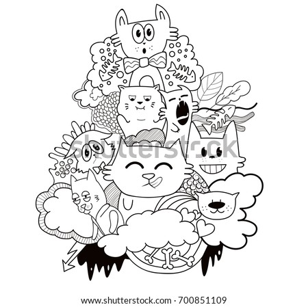 Funny Doodle Character Cats Coloring Page