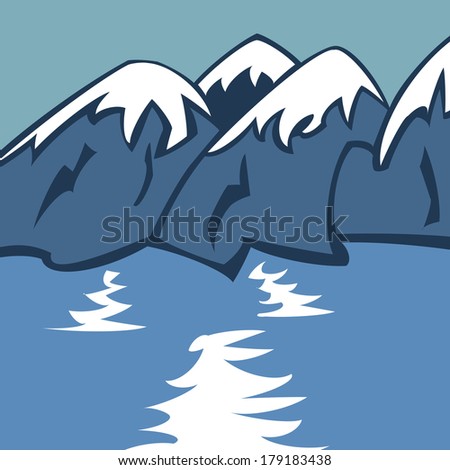 Landscape with blue mountains near lake (vector)