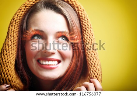 Autumn woman in fashion female, fresh girl glamour eye-lashes charming sweet radiant joyful smile