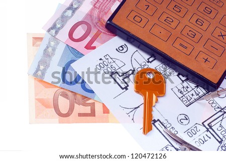brown calculator, compass, project, Piggy bank and euromoney, bill