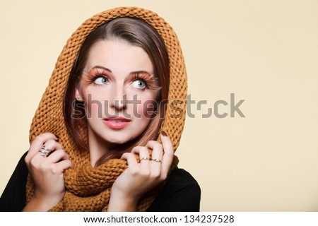 Autumn woman in fashion female, fresh girl glamour eye-lashes charming sweet radiant joyful smile