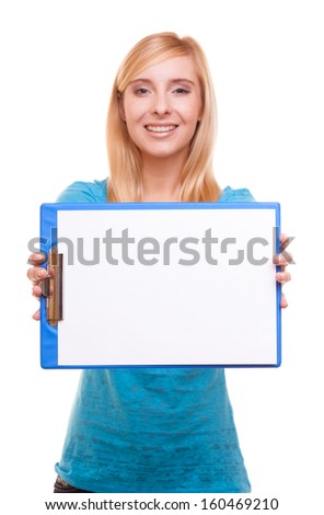 Student blank sign. Blonde girl female college student holds clipboard with empty blank. Isolated on white background