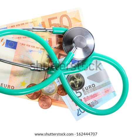 medical treatment and high cost for a good health care service concept: green stethoscope on money euro paper banknotes isolated