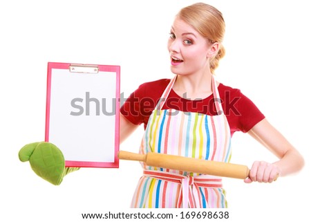 housewife in kitchen apron or small business owner entrepreneur cook chef with empty blank banner sign for restaurant menu or recipe. Girl holding clipboard with copy space for text. Isolated on white
