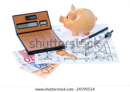 brown calculator, compass, project, Piggy bank and euro money, bill