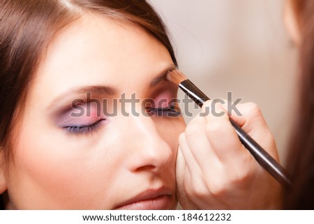 Female beauty. Makeup artist stylist applying with brush cosmetic on eyebrow of young woman. Girl by visagiste.
