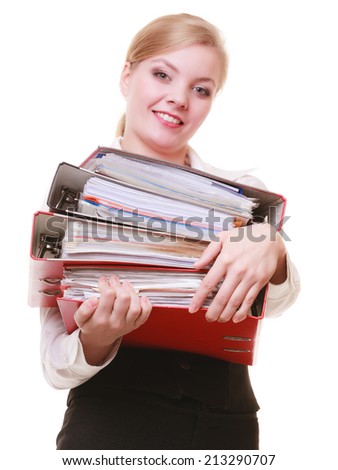 Business and paperwork. Busy businesswoman carrying stack of folders with files documents isolated on white.