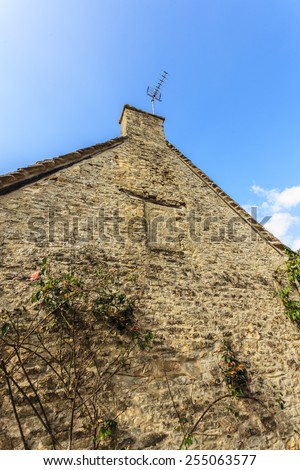 Architecture detail. Old stone house with rose bush green plant ivy, village Bibury, England