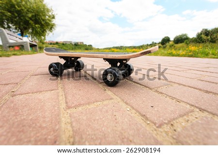 Sport equipment. Lone skateboard deck outdoor on paving stone