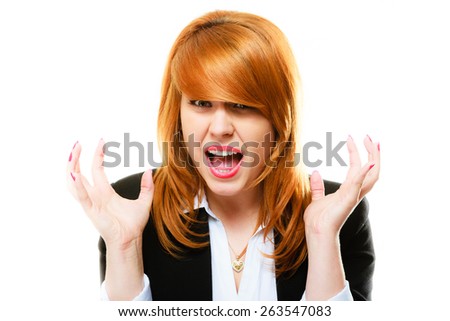Negative emotions. Angry mad businesswoman crazy redhair boss furious woman screaming isolated on white. Stress in business work.