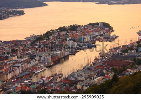 BERGEN, NORWAY - JULY 26, 2014: View from hill of Bergen and fjord landscape sunset scenery durig The Tall Ship Races on July 26, 2014, Norway