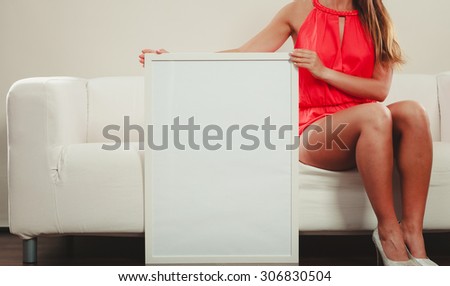 Closeup of human person with blank empty white copy space banner. Advertisement.
