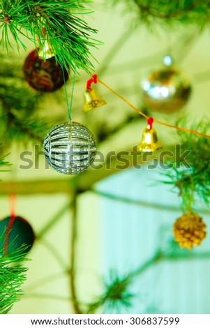 Closeup of bauble. Christmas tree ornament decoration. Winter season.
