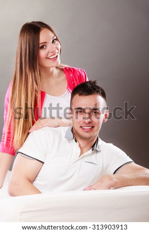 Portrait of smiling woman and man posing. Happy joyful couple. Good relationship.