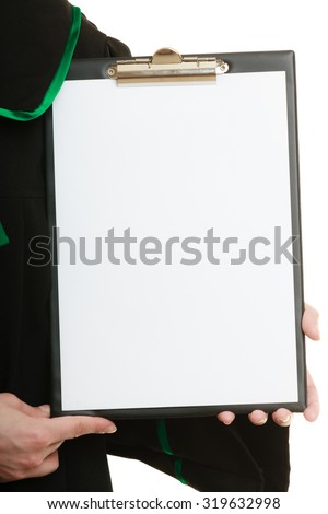 Law court or justice concept. Closeup woman lawyer attorney wearing classic polish black green gown holding empty blank clipboard sign copy space for text. Isolated on white