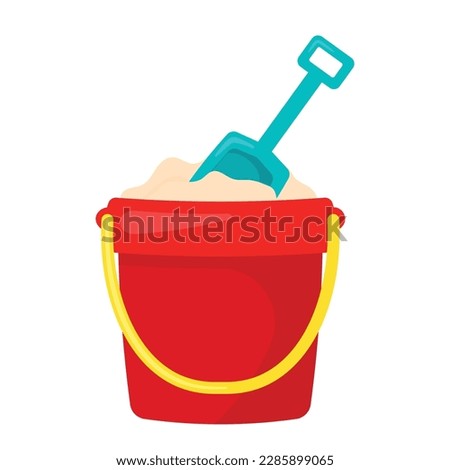 Sand in red bucket with blue shovel. Kid toys for building sand castle in beach vacation. Summer doodle icon vector illustration isolated on white background