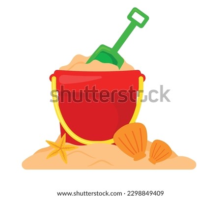 Sand in red bucket with green shovel, cute starfish and cartoon clam. Kid toys for building sand castle in beach vacation. Summer doodle icon vector illustration isolated on white background