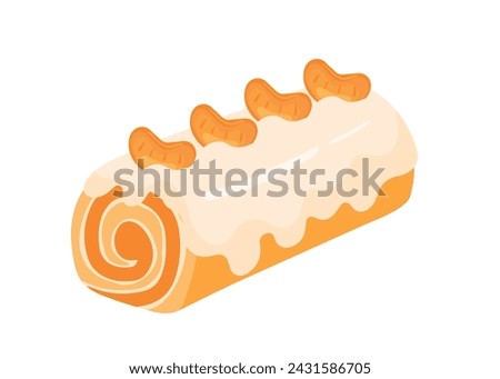 Cute hand drawn Swiss Roll Cake Slice Piece with orange tangerine topping fruits pastry sweet food dessert cartoon vector illustration isolated on white background for birthday party