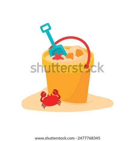 Sand in yellow bucket with red handle, clam, crab, and starfish. Kid toys for building sand castle in beach vacation. Summer doodle icon vector illustration isolated on transparent background