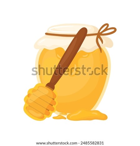 Hand drawn honey jar with honey bee dripping and dipper spoon cute cartoon doodle icon cartoon vector illustration isolated on transparent background