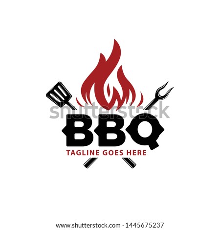 barbecue logo with bbq logotype and fire concept in combination with spatula
