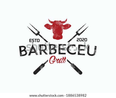 Barbecue restaurant - Logo icon of Barbecue, Grill and Bar with fire, grill fork and spatula. BBQ logo template. Vector illustration