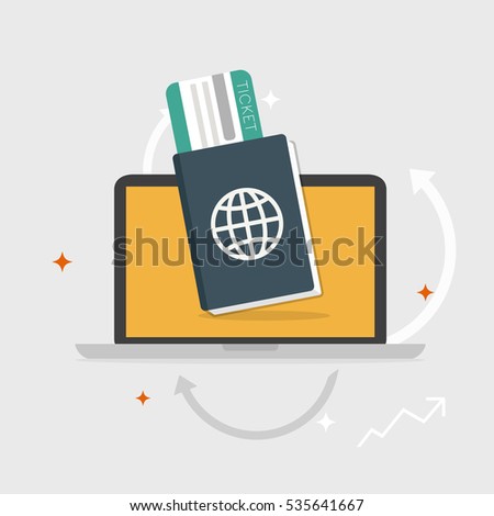 Flat design business concept Digital marketing business man passport and Ticket for website and promotion banners and computer, Vector illustrator