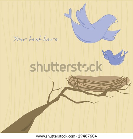 Mother bird and baby bird flying to nest with area for your text