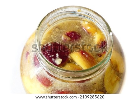 Image, Stock Photo Homemade apple vinegar in bottle with apples and green leaves on white background. Top view