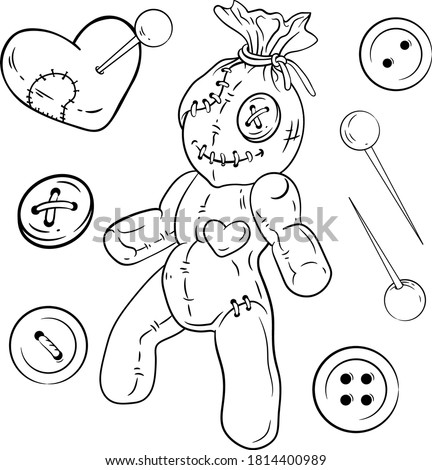 Big set of voodoo doll, heart shaped pincushion, additional pins and buttons. Line art vector illustrations for your Halloween, horror party and other  designs, invitations, cards, posters, etc.