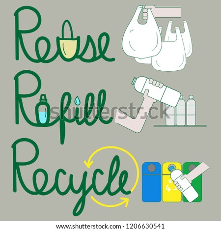 Reuse, refill and recycle handwriting with outline flat symbols. Cut down the amount of plastic waste concept. Vector illustration.