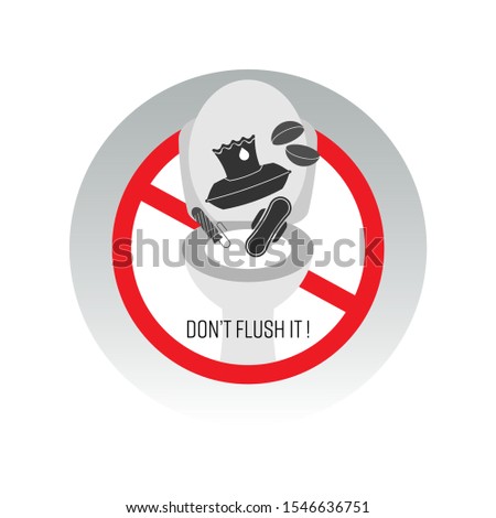 Don’t flush it sign. Contact lens, menstrual products and wet wipes causing blockage and microplastic pollution. Vector illustration outline flat design style.