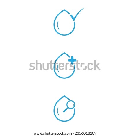 Water drop shape with check mark, plus and magnifying glass icons. Water quality icon set. Vector illustration outline flat design style.